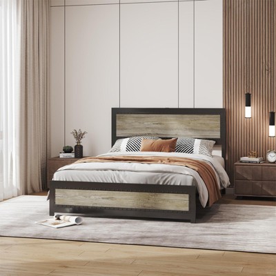 Coucheta Bed Frame with Charging Station,Industrial Platform with Headboard,Metal Slat Frame,No Box Spring Needed,Easy Assembly