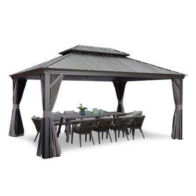 PURPLE LEAF Outdoor Gazebo Aluminum Frame Galvanized Steel Double Roof Patio Hardtop Gazebo with Curtains and Netting for Patio Lawn and Garden, Grey