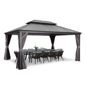 PURPLE LEAF Outdoor Gazebo Aluminum Frame Galvanized Steel Double Roof Patio Hardtop Gazebo with Curtains and Netting for Patio Lawn and Garden, Grey - 1 of 4