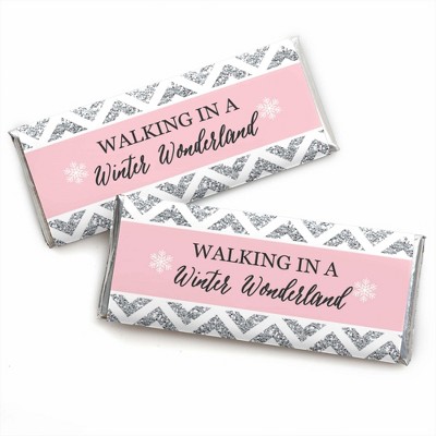 Big Dot of Happiness Pink Winter Wonderland - Candy Bar Wrapper Holiday Snowflake Birthday Party or Baby Shower Favors - Set of 24