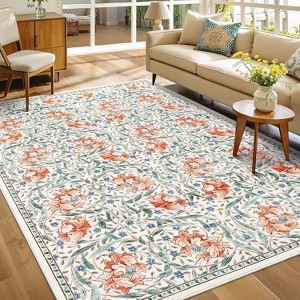 Acekool Floral Washable Rugs - Vintage Botanical Print Area Rug - 1 of 4