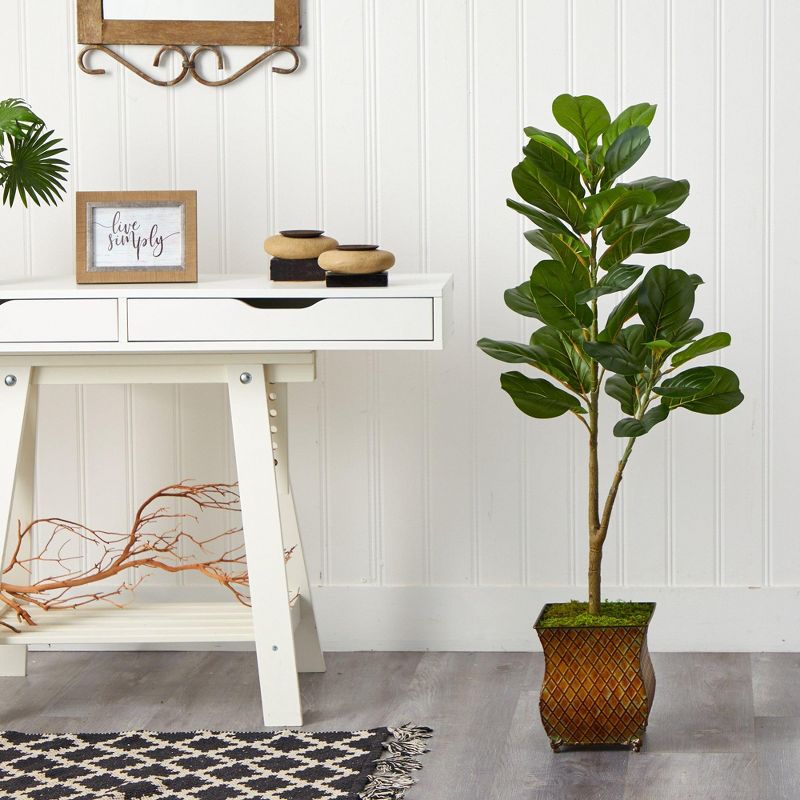 Nearly Natural 4-ft Fiddle Leaf Fig Artificial Tree in Metal Planter with Faux Moss, 3 of 5