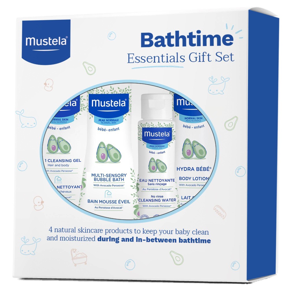 Mustela Baby Bathtime Bath and Body Essentials Gift Set - 4ct A collection of baby bathtime favorites, the Mustela Bathtime Essentials Set includes 4 essential plant-based skin care products to keep your baby clean and moisturized during and in-between bath time. The Mustela Bathtime Essentials Set is packaged in a deluxe keepsake box and makes a great baby shower gift. Each product is formulated with Avocado Perseose, a patented natural ingredient to help protect and hydrate your baby's delicate skin.