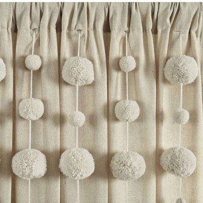 Boho Pom Pom Tassel Dark Linen Cotton Blend Window Curtain Panel
