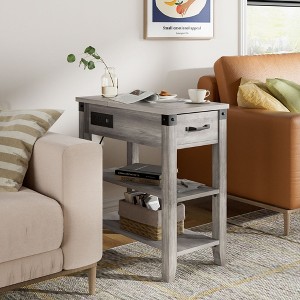 3 Tier End Table , Narrow Wooden Side Table with Drawer, Nightstand with Open Shelves, Small Farmhouse Sofa Side Table for Living Room, Gray - 1 of 4