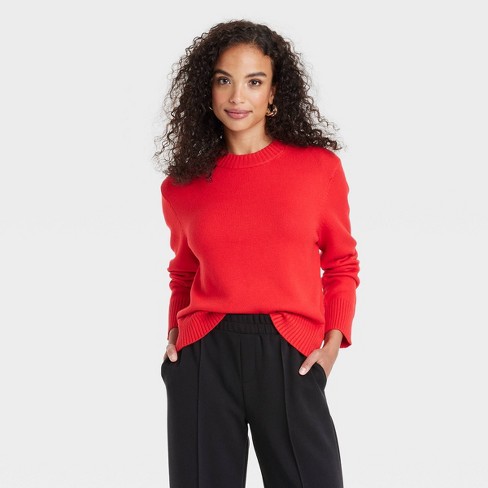 Red crew neck sweater women's on sale