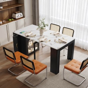 Angel Sar Extendable Dining Table, 3-Leaf Rolling Island with Power Outlet, Storage Cabinet, Black Marble White - 1 of 4