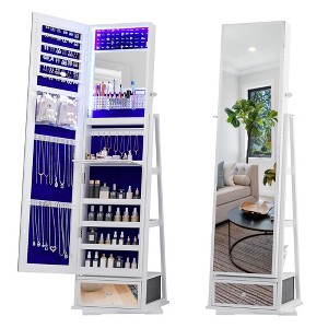 Fredees 360° Swivel LED Jewelry Cabinet, Lockable Wavy Mirror Organizer with Rear Shelves and Makeup Tray,White - 1 of 4