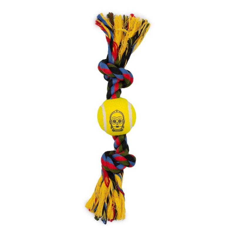Buckle-Down Dog Toy Tennis Ball Rope Toy - Star Wars C3-PO Face Yellow + Multi Color Rope, 1 of 3