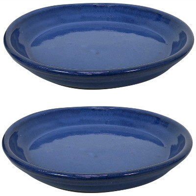 Sunnydaze Outdoor/Indoor High-Fired Glazed UV- and Frost-Resistant Ceramic Flower Pot Planter Saucers - 9" Diameter - Imperial Blue - 2-Pack