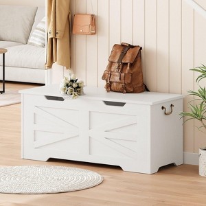 Storage Bench, Retro Wooden Storage Chest with Cut-Out Pull, Safety Hinge - 1 of 4