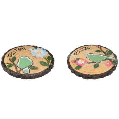 Set of 2 Green Bird and Flower Faux Wood Garden Stones