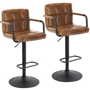 Furniliving Bar Stools Set of 2 with Back, Modern Square Faux Leather Stools with Armrest, Adjustable Height for Kitchen/Bar/Pub/Cafe - 1 of 4