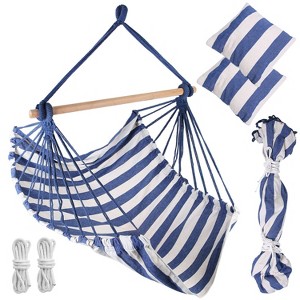 LakeForest"Portable Canvas Hammock Chair with Wooden Stick, 265lbs Capacity, 2 Pillows for Porch & Patio"Blue&Red - 1 of 4