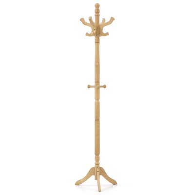 Tangkula Freestanding Coat Rack Solid Rubber Wood Hall Tree with 11 Hooks and 3 Height Options for Coats