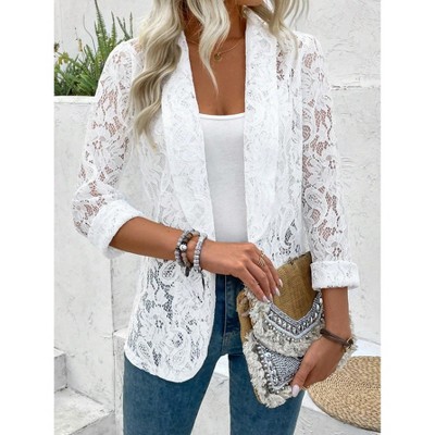 Женские кардиганы YesFashion Women’s Long Sleeve Floral Lace Open Front Blazer Jacket Sheer Lapel Collar Lightweight Cardigan Outerwear Casual Cover Up,S,White — фото 3