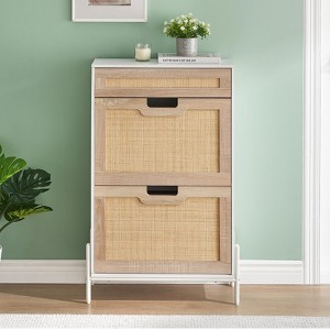 Shoe Cabinet Narrow, Rattan Shoe Storage with Flip Doors for 20-22 Pairs, Adjustable Shelves, Metal Feet, 100x24x88cm Entryway Organizer for Hallway - 1 of 4