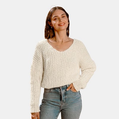 Women's Cozy Ivory Scoop Neck Drop Shoulder Knit Sweater - Cupshe