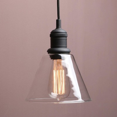 Runesay 1-Light Vintage Edison Hanging Pendant Light, Mini Semi Flush Mount Light Fixture Funnel Flared Clear Glass Shade (Black)