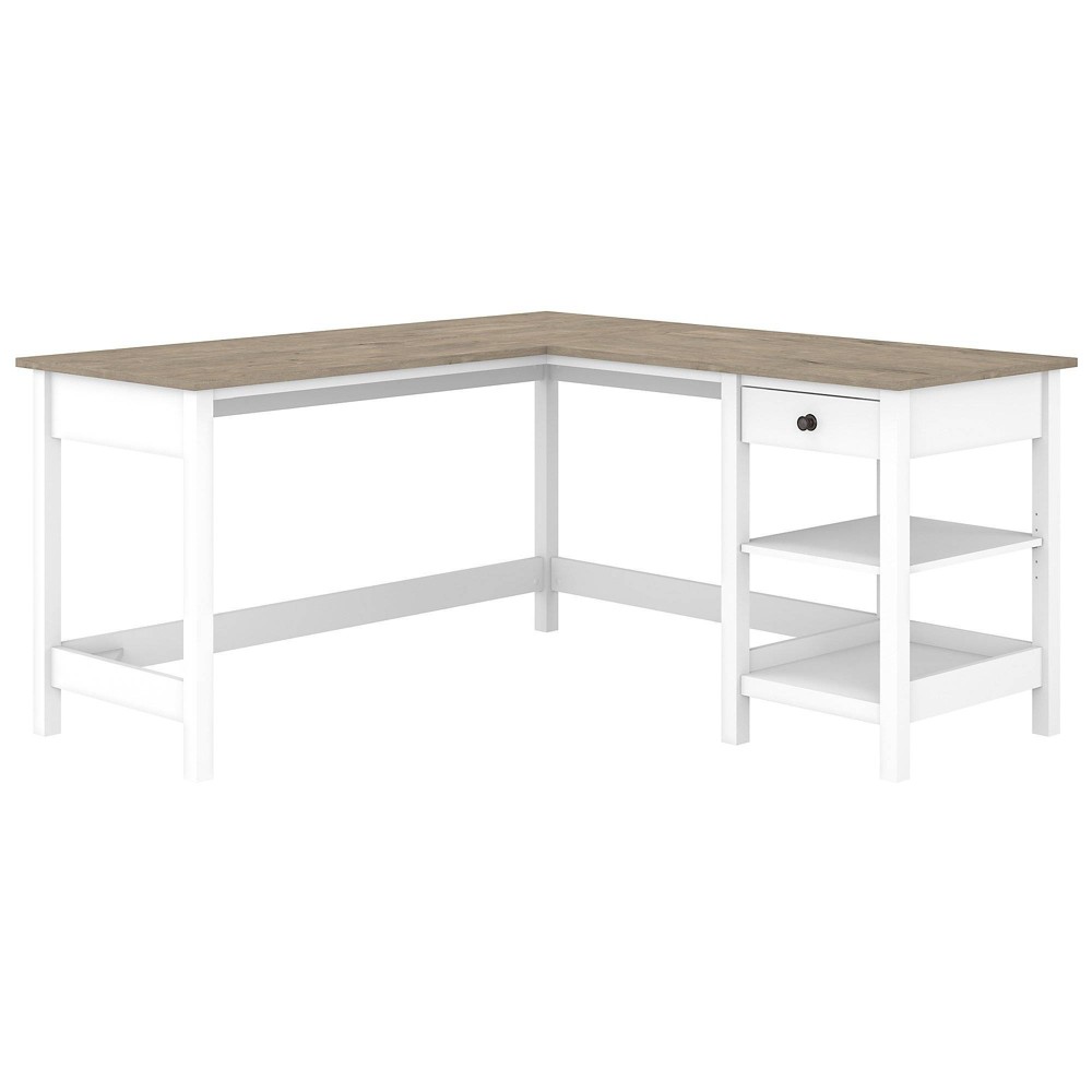 60W Mayfield L Shaped Computer Desk with Storage Shiplap Gray/Pure White - Bush Furniture: Modern Farmhouse Style, Durable Surface, Adjustable Shelf