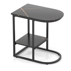 Costway C-shaped End Table Modern Sofa Side Table w/ Faux Marble Tabletop & Storage Shelf Black - 1 of 4