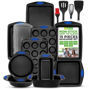 NutriChef 15-Piece Nonstick Bakeware Set with Blue Silicone Handles - Gray Coating - 1 of 4