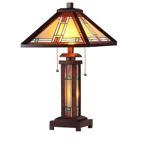 Chloe Lighting Aaron Tiffany-Style 3 Light Mission Double Lit Wooden Table Lamp 15" Shade - 1 of 2