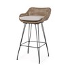 29.25" Outdoor Wicker and Iron Low Back Barstools, Light Brown, with Beige Cushion (Set of 2) - 4 of 4