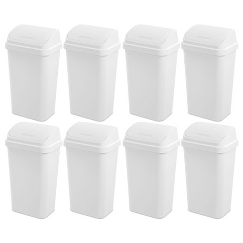 Sterilite 13 Gallon Plastic Swing Top Spave Saving Flat Side Lidded  Wastebasket Trash Can for Kitchen, Garage, or Workspace, White (4 Pack)