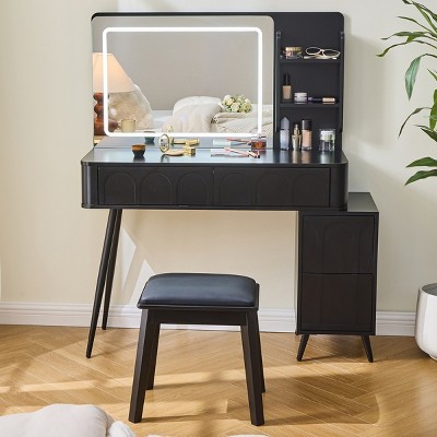 FURNIinspire Vanity Tables Dressing Table Bedroom Makeup Vanity Desk Set with Stool, Drawer Storage, 3 Color Brightness, Black, 45.5"*15.7"*52.5"