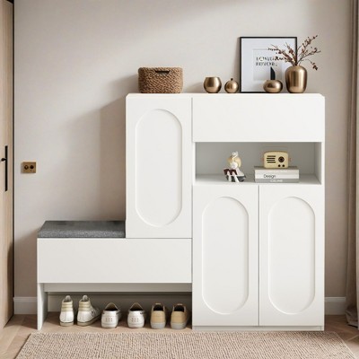 Elegant 2-in-1 Shoe Cabinets with Soft Cushion, Modern Storage Bench with Arched Doors & Rebound Devices - Leovsnove