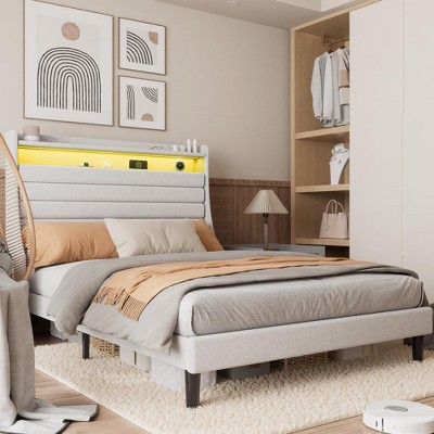 Bed Frame with USB Charging Station & LED Lights, LED Platform Bed with 2-Tier Upholstered Storage Headboard, Sturdy Wood Support,