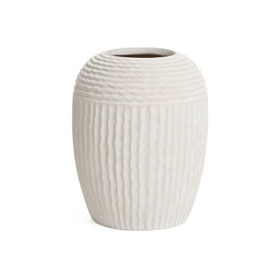 LuxenHome Beige Ribbed Round 15.2-Inch Tall Tabletop MgO Vase