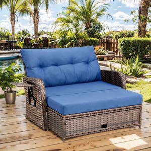 Patio Rattan Daybed Set with Cushioned Loveseat and Ottoman, Outdoor Double Chaise Lounger with 4-Level Adjustable Backrest and Retractable Side Trays - 1 of 4