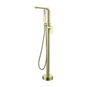 Cobbe Single Handle Freestanding Bathtub Faucet with Swivel Spout and Handheld Shower Floor Standing Bathtub Fill Faucet Brushed Gold - 1 of 4