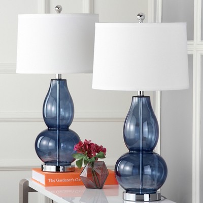 Blue Double Gourd Glass Table Lamp Set with White Shades