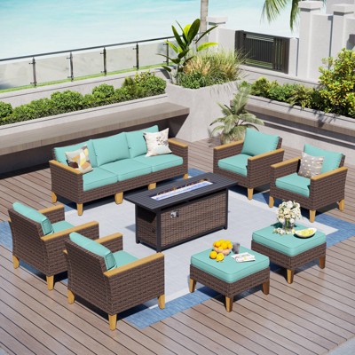 Captiva Designs 10pc Wicker Outdoor Patio Rattan Sectional Conversation Set with Fire Pit Table and Cushioned Ottoman