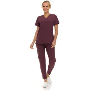 Saint Scrubs Womens 9-Pocket Medical Uniform Set- V-Neck Stretch Top with Tapered Straight Leg Pants - 1 of 4