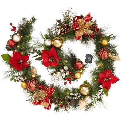 9 FT Prelit Christmas Garland with Lights, Xmas Garland with Red Gold Ball Ornaments Poinsettia Flower for Mantle Fireplace Front Door Stairs Railing