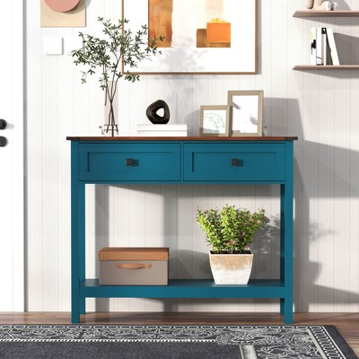 VYNXARIA Farmhouse Style Console Table with 2 Drawer and Bottom Storage Shelf for Entryway(Pagoda Blue)