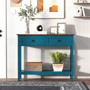 VYNXARIA Farmhouse Style Console Table with 2 Drawer and Bottom Storage Shelf for Entryway(Pagoda Blue) - 1 of 4