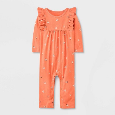 Baby Girls' Floral Ruffle Jersey Long Sleeve Romper - Cat & Jack™ Terracotta Pink 0-3M
