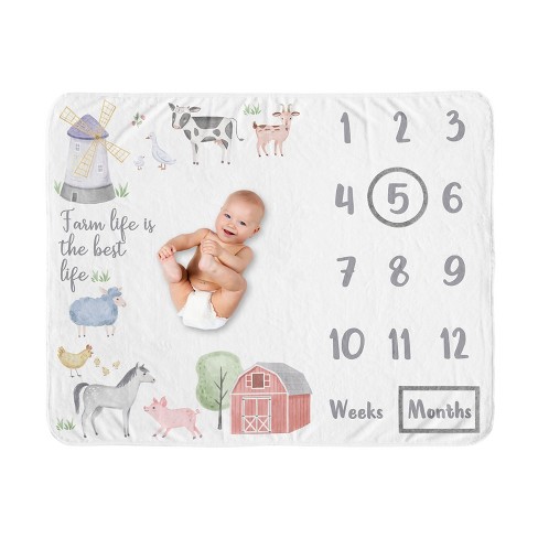 Sweet Jojo Designs Boy or Girl Gender Neutral Unisex Milestone Swaddle Baby Blanket Farm Animals