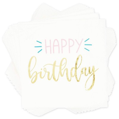 Sparkle and Bash 50 Pack HAPPY Birthday White with Gold Foil Disposable Napkin Napkins 5x5"