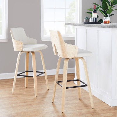 Set of 2 Cream and Natural Wood Swivel Barstools with Black Metal Footrest