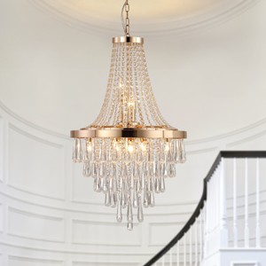 BAOURE 20in Modern Crystal Pendant Chandelier with Golden Finish – Elegant 11-Light Hanging Light Fixture Tiered Design for Dining Room, Living Room - 1 of 4