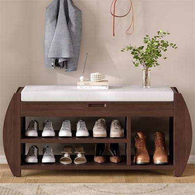 Wooden Storage Bench with Cushion, Flip Top Entryway Shoe Bench with Hidden Compartment, Shoe Rack Organizer for Entryway Bedroom Living Room