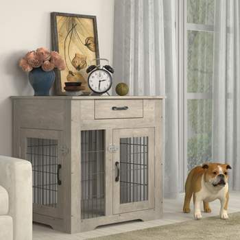 Furniture Style Dog Crate End Table with Drawer, Indoor Pet Kennels with Double Doors - ModernLuxe