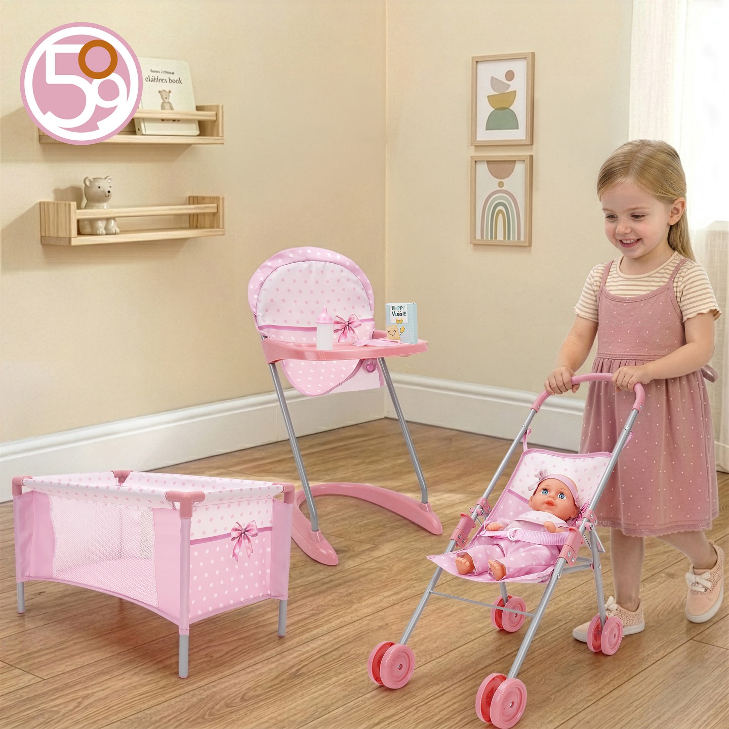 Аксессуары для кукол 509Crew 509 Crew: Bow Travel Care N' Feed Doll Set Stroller Accessories Pink White 9pc, цвет: Розовый — фото 6