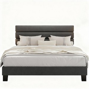 EcoSummer Queen Size Upholstered Bed Frame with Adjustable Headboard, 3-Layer Quiet Design Metal Platform Bed with Soft Padding ¨C Easy Assembly, Gray - 1 of 4